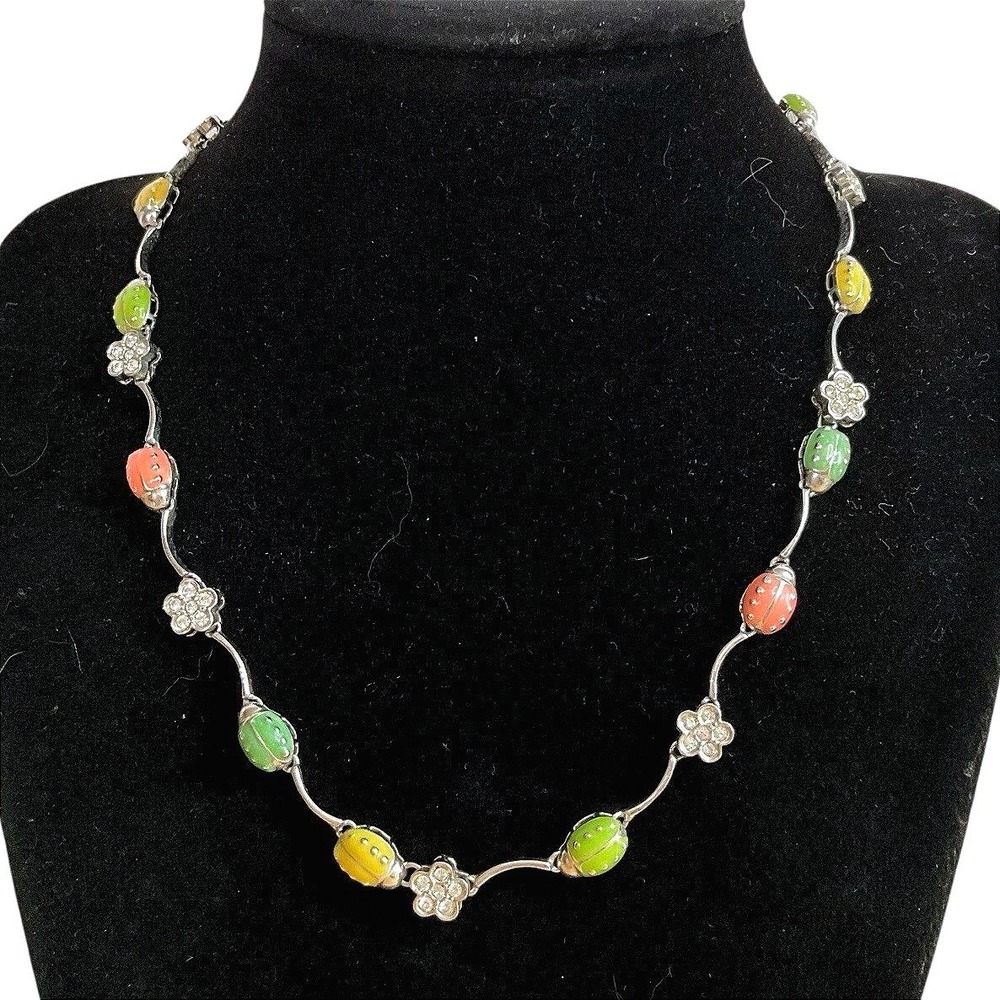 Lauren G. Adams Necklace Silver tone Lady Bug Enamel w/ crystal accents Y2K